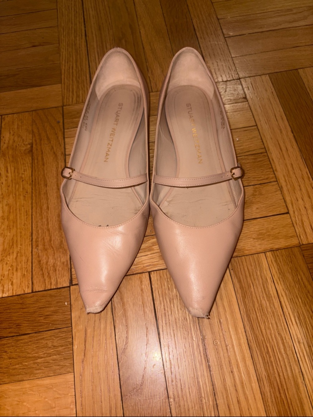 Stuart Weitzman Women's Nude Leather Pointed Mary Jane Flats